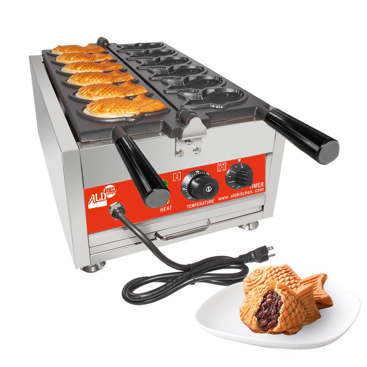 ALDKitchen Waffle Dog Maker Corn Dog Maker with Red Panel for Business Stainless Steel Waffles on a Stick 110V (6 Waffles) - 1