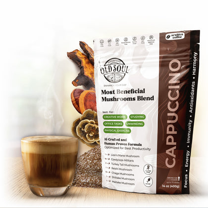 OLD SOUL Mushroom Cappuccino Blend | 7-Mushroom Formula | Arabica Coffee | Energy, Focus, Immunity | 14 oz (400 g)