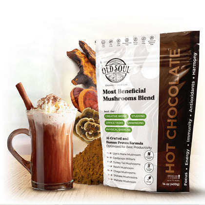 OLD SOUL Mushroom Hot Chocolate Blend | 7-Mushroom Formula | Real Cocoa | Energy, Focus, Immunity | 14 oz (400 g)