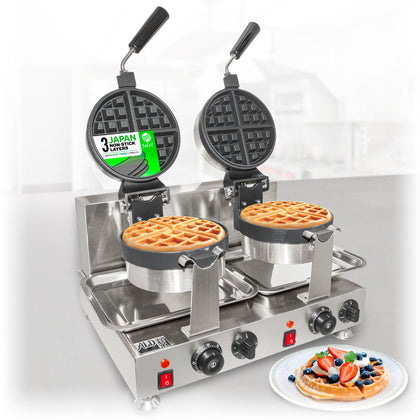 AP-601 Belgian Waffle Maker Thick | Double-Head Waffle Iron and Cone Maker | 2 Round-Shape Waffles | 110V