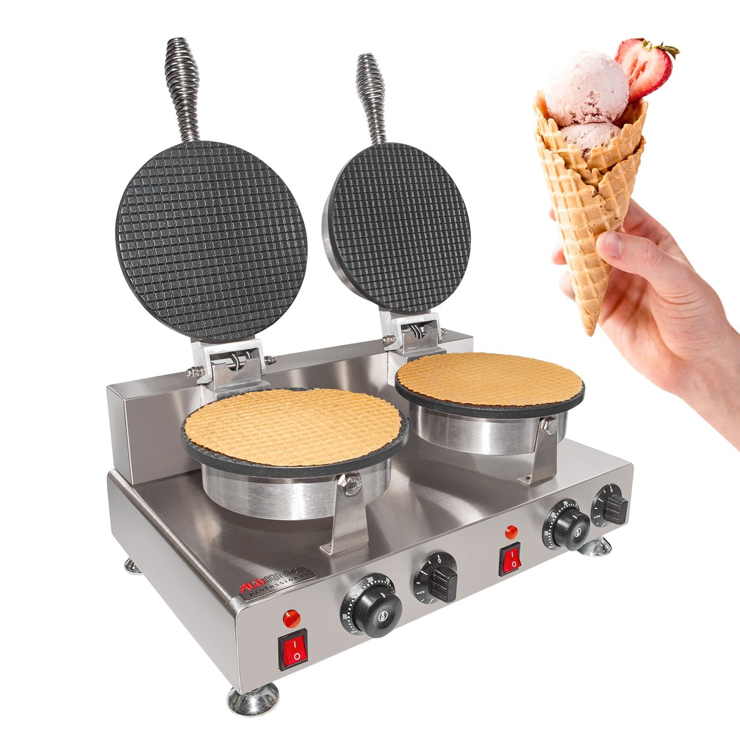 ALDKitchen Waffle Cone Maker Commercial Double Ice Cream Cone Maker Stainless Steel Nonstick Coating 2kW Professional Kitchen Equipment