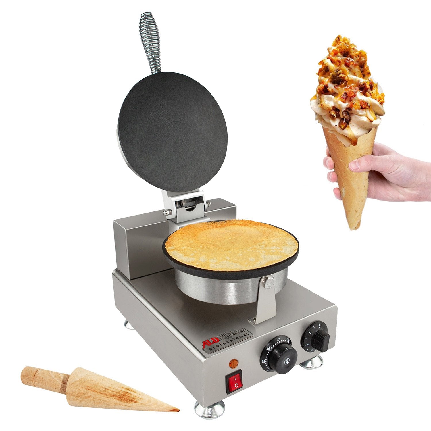 ALDKitchen Waffle Cone Maker Commercial Ice Cream Cone Maker Stainless Steel Teflon Manual Control Professional Kitchen Equipment